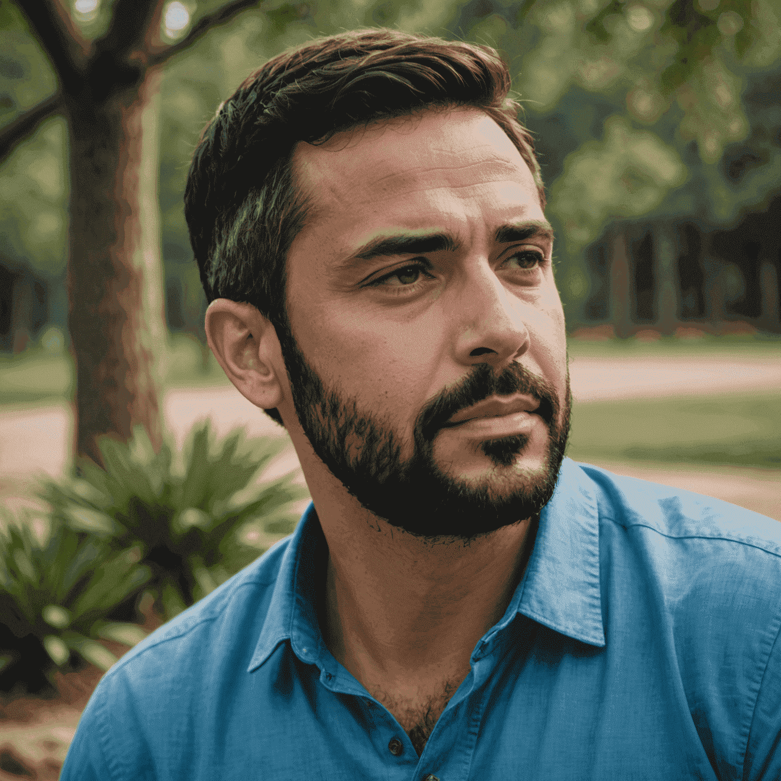 Foto de perfil de Carlos Rodríguez, experto en UX/UI con barba corta y camisa azul, mirando pensativo