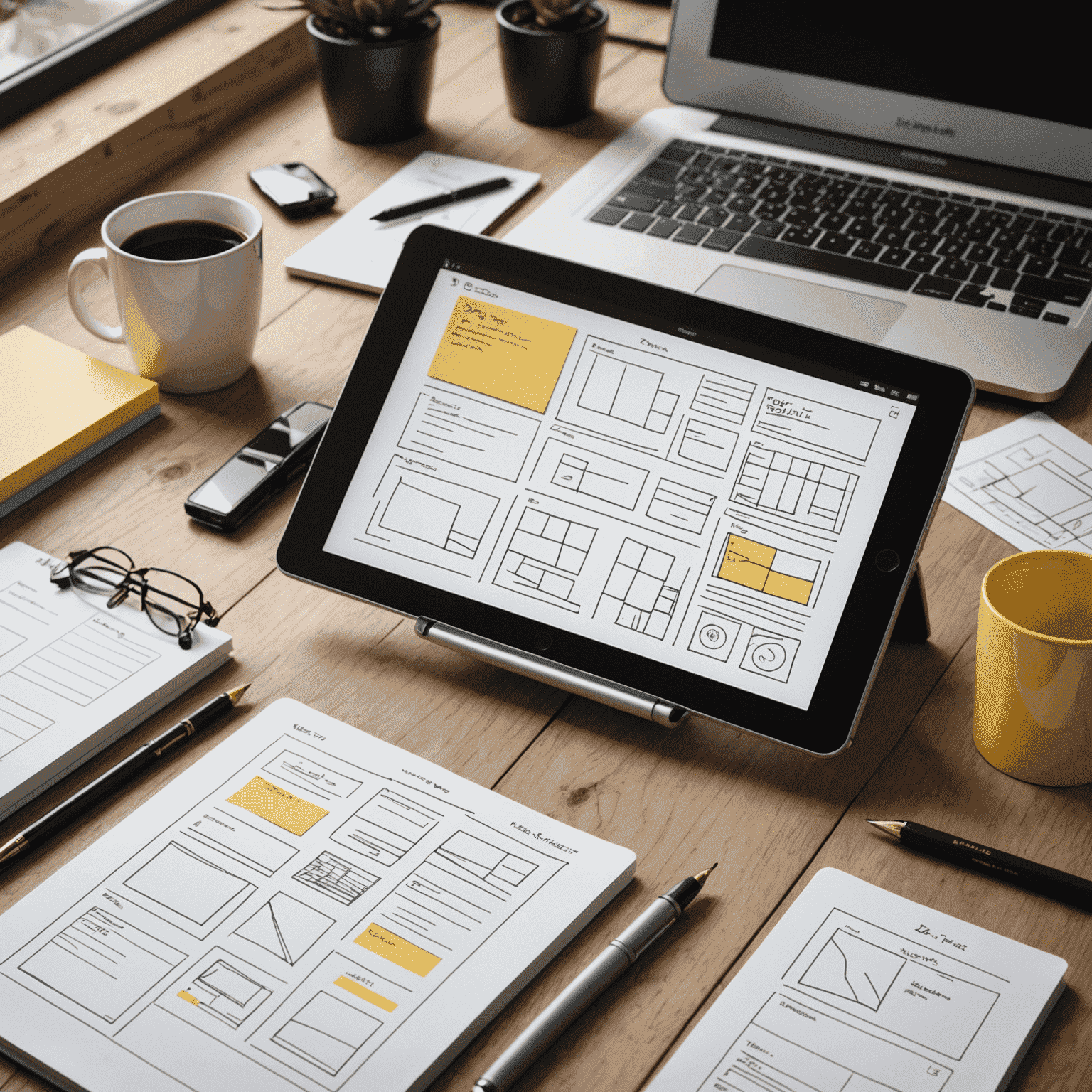 Imagen que muestra un escritorio con bocetos de diseño web, notas adhesivas y una tableta mostrando wireframes